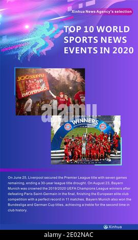 Beijing, China. 29th Dec, 2020. On June 25, Liverpool secured the Premier League title with seven games remaining, ending a 30-year league title drought. On August 23, Bayern Munich was crowned the 2019/2020 UEFA Champions League winners after defeating Paris Saint-Germain in the final, finishing the European elite club competition with a perfect record in 11 matches. Bayern Munich also won the Bundesliga and German Cup titles, achieving a treble for the second time in club history. Credit: Xu Xiaoxuan/Xinhua/Alamy Live News Stock Photo