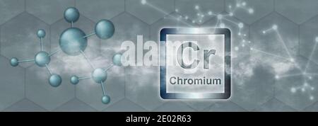 Cr symbol. Chromium chemical element with molecule and network on grey background Stock Photo
