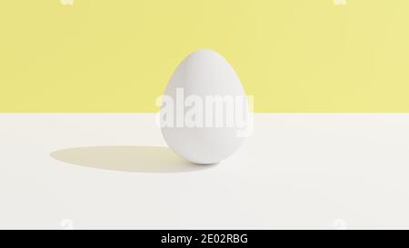 Egg on the white table and yellow background. 3d rendering. 3D illustration. Concept artwork. Stock Photo