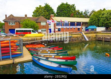 Colorful canoes in Shadwell Basin Outdoor Activity Centre.It provides water-sports and adventurous activities,courses and clubs for kayaking, canoeing