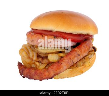 Cumberland sausage and fried onion sandwich in a brioche bread roll isolated on a white background Stock Photo
