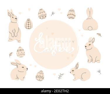 Easter bunnies and decorative eggs. Happy Easter lettering. Vector elements for design for Easter concept. Stock Vector