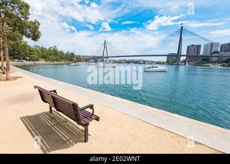 Looking from Blackwattle Bay in Glebe across to Sydney's ANZAC Bridge in Pyrmont, New South Wales, Australia Stock Photo