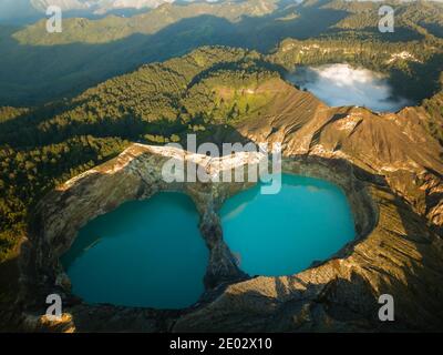 Kelimutu mountain lakes drone aerial view in Indonesia Stock Photo