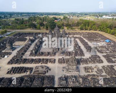 Prambanan Hindu temple drone view In Yogyakarta Indonesia Stock Photo