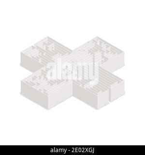 Complicated labyrinth in cross shape in isometric view on white Stock Vector