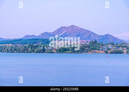 Sunset view of Wanaka town in New Zealand Stock Photo