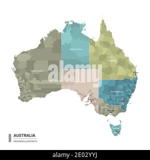 Australia higt detailed map with subdivisions. Administrative map of Australia with districts and cities name, colored by states and administrative di Stock Vector