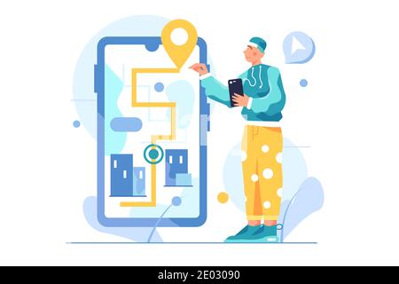 The guy moves on the navigation on the phone Stock Vector