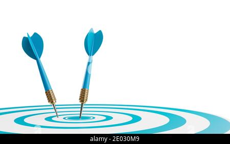 Close up shot blue darts arrows in the target center on white color background. Business target or goal success and winner concept. 3d illustration Stock Photo