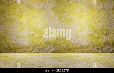 Green mossy concrete plaster wall and floor. Empty interior design. Old grungy texture background Stock Photo