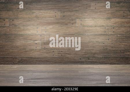 Brown wood plank panels and floor. Empty interior design. Old rustic wood texture background Stock Photo
