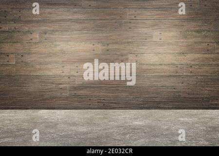 Brown wood plank panels and concrete floor. Empty interior design. Old rustic wood texture background Stock Photo