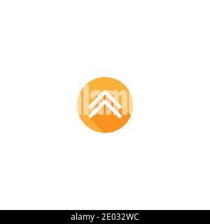 white thin rounded arrows up in orange circle with shadow icon. swipe up button. Isolated on white. Upload icon. Upgrade sign. North pointing arrow. Stock Vector