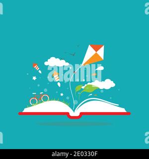 Open book with fireworks, clouds, kite, bike and stars. Isolated on blue background. Vector flat illustration. Magic fairytale reading logo. Imaginati Stock Vector