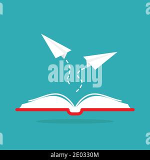 Open red book with paper planes flying out. Isolated on blue background. Flat vector reading icon. Education logo. Library pictogram. Knowledge, quote Stock Vector
