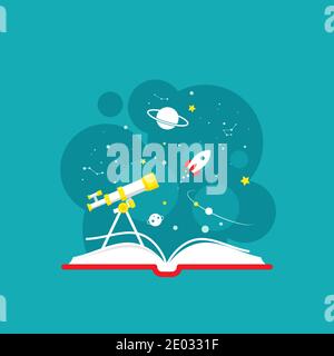 Open book with space, telescope and rocket ship. Vector flat illustration on blue background. reading and learning power logo. Imagination, inspiratio Stock Vector