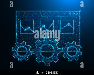 SEO or search engine optimization low poly art. Web page tab, gears and analytics polygonal vector illustration on a blue background. Stock Vector