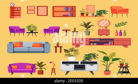 Furniture vector illustration set. Cartoon flat furnishings design with sofa armchair, lamp, table, house plants. Designer trendy items for home apart Stock Vector