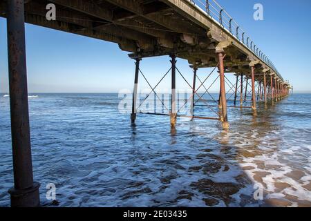 Saltburn Pier, the last pier remaining in Yorkshire, built 18696 to satisfy Victorian day trippers and holiday travelers to the coastal town. Stock Photo