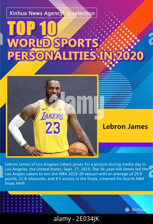 Beijing, USA. 27th Sep, 2019. Lebron James of Los Angeles Lakers poses for  a picture during media day in Los Angeles, the United States, Sept. 27, 2019.  The 36-year-old James led the