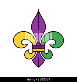 Web icon of fleur de lis, geraldic french lily in traditional purple, green and yellow palette. Symbol of Mardi Gras or Fat Tuesday - vector pictogram Stock Vector