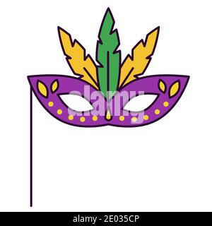 Bright icon with venetian mask on stick and feathers in traditional purple, green and yellow palette. Symbol of Mardi Gras or Fat Tuesday Stock Vector