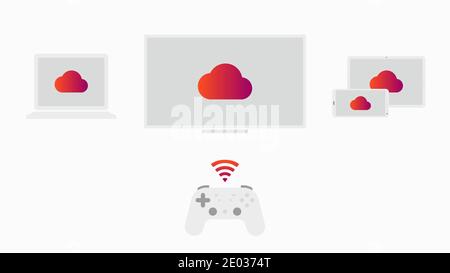 Future gaming concept, cloud gaming. Streaming service on TV, smartphone, laptop and tablet. Vector illustration. Stock Vector