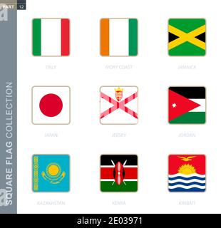 Square flags collection of the world. Square flags of Italy, Ivory coast, Jamaica, Japan, Jersey, Jordan, Kazakhstan, Kenya, Kiribati Stock Vector