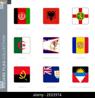 Square flags collection of the world. Square flags of Afghanistan, Albania, Alderney, Algeria, American Samoa, Andorra, Angola, Anguilla, Antigua and Stock Vector