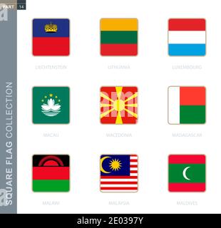 Square flags collection of the world. Square flags of Liechtenstein, Lithuania, Luxembourg, Macau, Macedonia, Madagascar, Malawi, Malaysia, Maldives Stock Vector