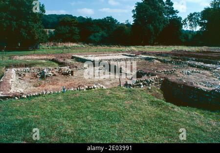 Rockbourne, Hampshire - Roman Villa ruins - archaeological excavation in progress. Room 8, 29 and the kitchen. Archival scan from a slide. October 1978. Stock Photo