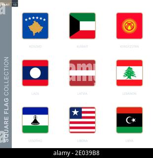 Square flags collection of the world. Square flags of Kosovo, Kuwait, Kyrgyzstan, Laos, Latvia, Lebanon, Lesotho, Liberia, Libya Stock Vector