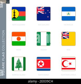 Square flags collection of the world. Square flags of New Caledonia, New Zealand, Nicaragua, Niger, Nigeria, Niue, Norfolk Island, North Korea, Northe Stock Vector