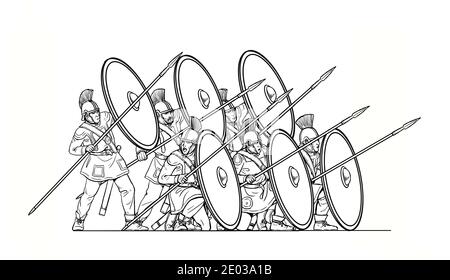 Late roman soldiers during the battle. Attack of the Roman army. Outline drawing. Stock Photo