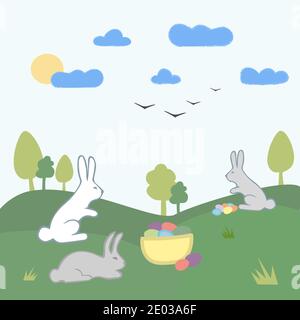 Green spring sunny lawns with bunnies, eggs, trees. Easter Greeting card, background made in vector. Stock Vector
