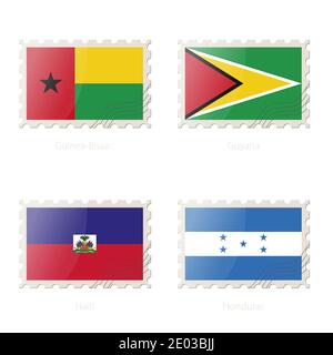 Postage stamp with the image of Guinea-Bissau, Guyana, Haiti, Honduras flag. Haiti, Honduras, Guinea-Bissau, Guyana Flag Postage on white background w Stock Vector