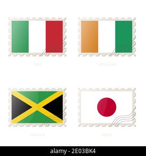 Postage stamp with the image of Italy, Ivory Coast, Jamaica, Japan flag. Jamaica, Japan, Italy, Ivory Coast Flag Postage on white background with shad Stock Vector