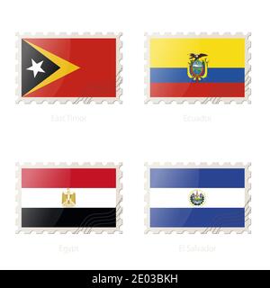 Postage stamp with the image of East Timor, Ecuador, Egypt, El Salvador flag. Egypt, El Salvador, East Timor, Ecuador Flag Postage on white background Stock Vector