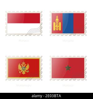 Postage stamp with the image of Monaco, Mongolia, Montenegro, Morocco flag. Montenegro, Morocco, Monaco, Mongolia Flag Postage on white background wit Stock Vector