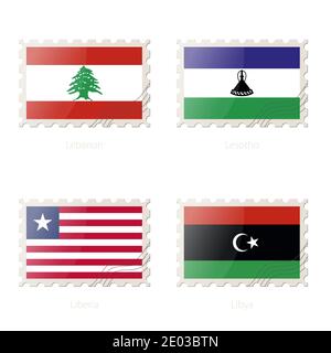 Postage stamp with the image of Lebanon, Lesotho, Liberia, Libya flag. Vector Illustration. Stock Vector