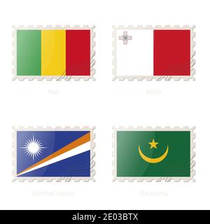 Postage stamp with the image of Mali, Malta, Marshall Islands, Mauritania flag. Postage on white background with shadow. Vector Illustration. Stock Vector