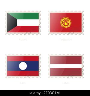 Postage stamp with the image of Kuwait, Kyrgyzstan, Laos, Latvia flag. Laos, Latvia, Kuwait, Kyrgyzstan Flag Postage on white background with shadow. Stock Vector