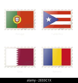 Postage stamp with the image of Portugal, Puerto Rico, Qatar, Romania flag. Qatar, Romania, Portugal, Puerto Rico Flag Postage on white background wit Stock Vector