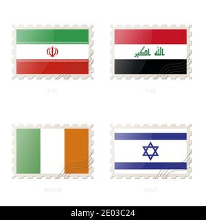 Postage stamp with the image of Iran, Iraq, Ireland, Israel flag. Ireland, Israel, Iran, Iraq Flag Postage on white background with shadow. Vector Ill Stock Vector