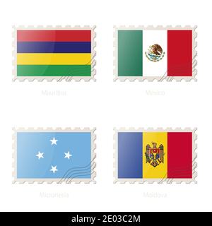 Postage stamp with the image of Mauritius, Mexico, Micronesia, Moldova flag. Micronesia, Moldova, Mauritius, Mexico Flag Postage on white background w Stock Vector