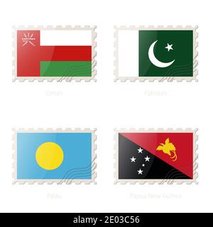 Postage stamp with the image of Oman, Pakistan, Palau, Papua New Guinea flag. Palau, Papua New Guinea, Oman, Pakistan Flag Postage on white background Stock Vector