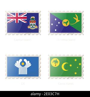 Postage stamp with the image of Cayman Islands, Christmas Island, CIS, Cocos Islands flag. Vector Illustration. Stock Vector