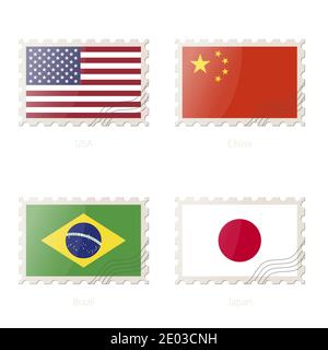 Postage stamp with the image of USA, China, Brazil, Japan flag. Vector Illustration. Stock Vector