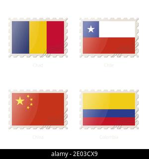 Postage stamp with the image of Chad, Chile, China, Colombia flag. China, Colombia, Chad, Chile Flag Postage on white background with shadow. Vector I Stock Vector